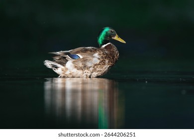 Anas Platyrhynchos aka wild or mallard duck male in evening sun. Isolated on dark black background.