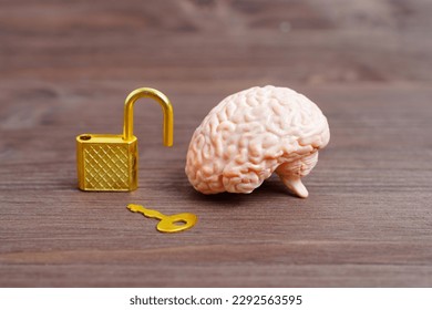 Anatomical human brain model, open padlock and key placed on a dark wooden table, representing the concept of unlocking the potential of the human mind or overcoming mental obstacles.