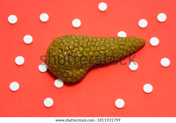 Anatomical realistic figure or model of human or\
animal pancreas gland on red background, surrounded by white\
tablets or pills, which are arranged in polka-dot ornament. Photos\
for use in medicine