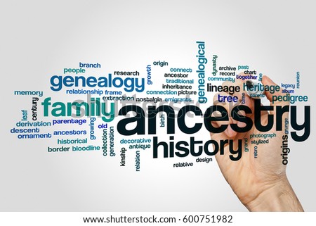 Ancestry word cloud concept on grey background.