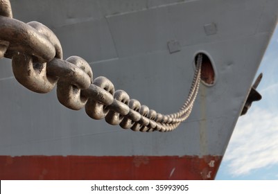 Anchor chain of a vessel on a mooring in Riga port.