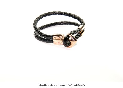 Anchor Figure Black Leather Men Bracelet