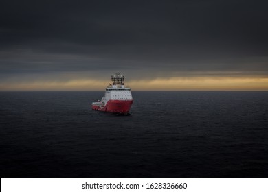 Anchor Handling Vessel Siem Topaz With The Sunset In The Background. Taken In Kara Sea  Russia September 2014