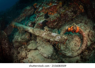 Anchor from old shipwreck on the reef off the coast of Sint Maarten, Dutch Caribbean