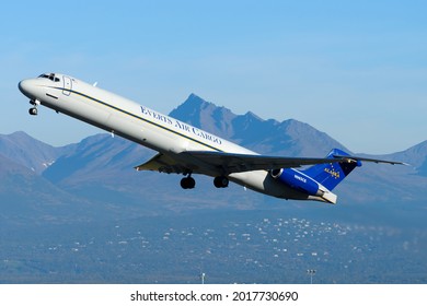 Anchorage, AK. USA - September 11 2018: Everts Air Cargo aircraft McDonnell Douglas MD-83 N965CE take off from Anchorage Airport. Everts Air cargo in Alaska.