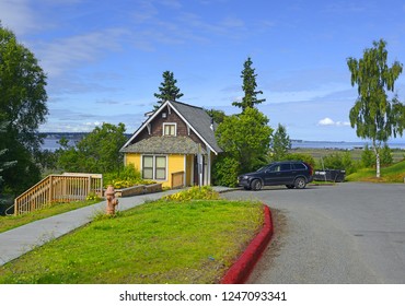 ANCHORAGE, ALASKA - JULY 31, 2018: Anchorage, Oscar's House in Bootlegger Cove prior to the 1920's.  Oscar Anderson lived in this house for nearly 60 years. Anchorage is Alaska's most populous city