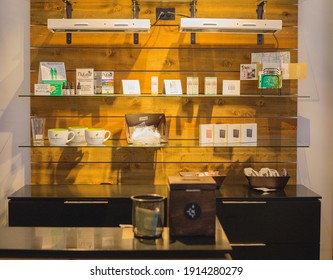 Anchorage, Alaska, United States – August 1, 2019: Part Of The Interior Of Great Northern Cannabis, A Cannabis Dispensary In Downtown Anchorage; Display Case Showing CBD Products.