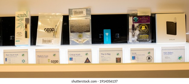 Anchorage, Alaska, United States – August 1, 2019: Part Of The Interior Of Great Northern Cannabis, A Cannabis Dispensary In Downtown Anchorage; Display Case Showing Different Concentrate Products.