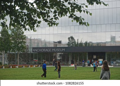 Anchorage, Alaska / United States - July 24, 2017: Children Play On The Lawn Of The Anchorage Museum.