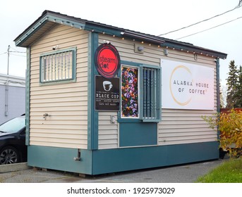 Anchorage, Alaska, United States – October 7, 2019: A View Of Alaska's House Of Coffee, A Local Drive Thru Coffee Stand In Downtown Anchorage; As Seen On A Cloudy Day In The Autumn Of 2019.