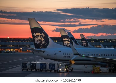 Anchorage, Alaska, USA - 05/2017: Alaska Airline planes in sunset