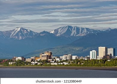 Anchorage Alaska/Unite States-2018.06.007: Downtown skyline of Anchorage with mountains