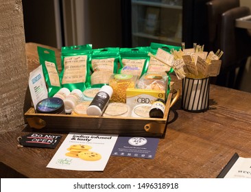 Anchorage, Alaska/United States – 09/02/2019: A Display Of CBD Products On The Counter At Tundra Herb Company, A Cannabis Dispensary In Anchorage.