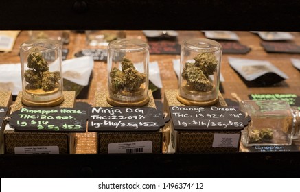 Anchorage, Alaska/United States – 09/02/2019: A Display Of Different Strains Of Cannabis In Tundra Herb Company, A Dispensary.