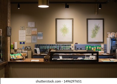 Anchorage, Alaska/United States – 09/02/2019: The interior of Tundra Herb Company, a cannabis dispensary in Anchorage.