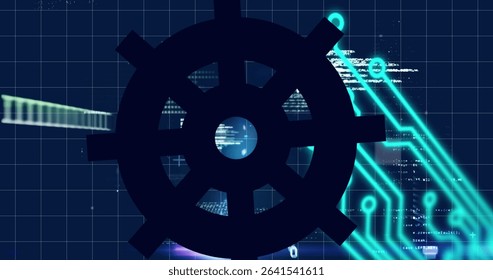 Anchoring dark gear silhouette in digital grid, showing white code, glowing turquoise circuits. Technology, futurism, cyber, innovation, engineering, digital, abstract