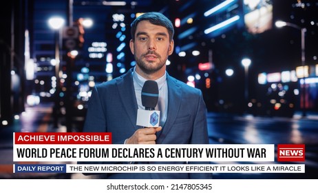 Anchorman Reporting Live News In A City At Night. News Coverage By Professional Handsome Reporter From A Business District. Journalist Presenting News For TV Channel. Newscaster Talking.