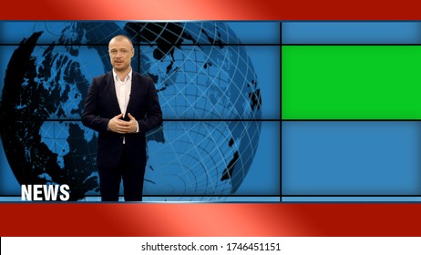 An Anchorman Telling The Breaking News In Broadcasting Studio With Green Screen