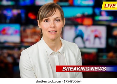 An Anchorwoman Reporting Live Breaking News Sitting In Tv Studio. Background Of Multiple Screens Of Broadcast Control Room. Journalism Concept