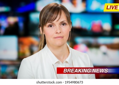 An Anchorwoman Reporting Live Breaking News Sitting In Tv Studio. Background Of Multiple Screens Of Broadcast Control Room. Journalism Concept