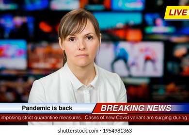 An Anchorwoman Reporting Live Breaking News Sitting In Tv Studio. Background Of Multiple Screens Of Broadcast Control Room. Journalism Concept