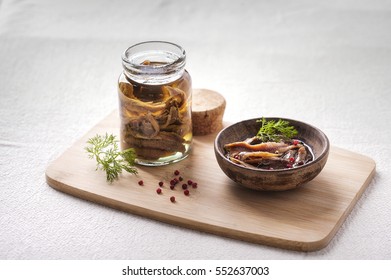 Anchovy In A Jar And In A Bowl