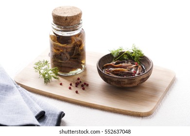 Anchovy In A Jar And In A Bowl