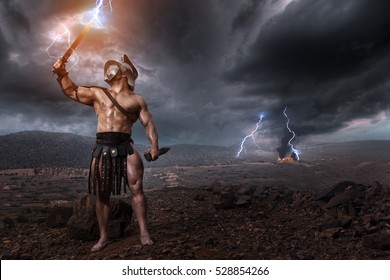 Ancien Gladiator Standing In Helmet And With Sword. History Concept