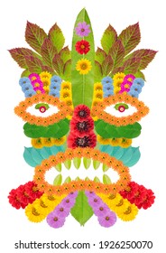 Ancient African Mask Symbol Made From Flowers And Leaves. Isolated Handmade Photo Collage