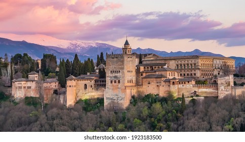 Ancient Alhambra palace in Granada old town, Spain travel photo. Wide panorama of alhambra castle
