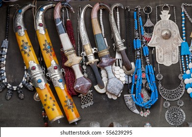 Ancient Arabian knives and other decorative objects, in a souvenir shop of the kasbah of Ait Ben Haddou, in the region of Ouarzazate, in the south of Morocco