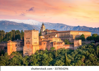 Ancient arabic fortress Alhambra at the beautiful evening time, Granada, Spain, European travel landmark