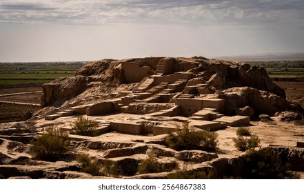 An ancient archaeological site featuring a large, terraced structure on a rocky hill, surrounded by a vast landscape of fields and distant mountains under a cloudy sky. - Powered by Shutterstock