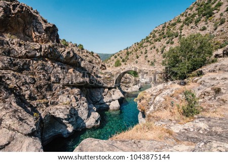 Ancient arched Genoese stone bridge at Asco. Corsica, France. 