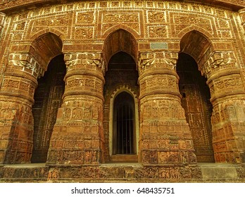 Ancient Architecture Of Bengal With Terracotta Sculptures On Tiles Fixed On The Exterior Walls Of The Temples Of Bishnupur, West Bengal, India