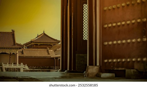 Ancient architecture with ornate roofs under a golden sky, viewed through a doorway adorned with rivets, creating a serene, historical ambiance. - Powered by Shutterstock