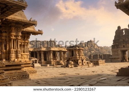 Ancient architecture at the Vijaya Vittala temple built in the 15th century AD at sunrise at Hampi Karnataka, India