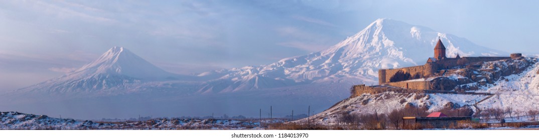 Ancient Armenian church Khor Virap with Ararat on  background.