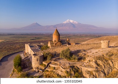 Ancient Armenian church Khor Virap with Ararat in sunrise. Top view