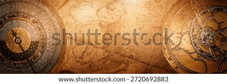 Ancient astronomical instruments on old zodiac background. Abstract old conceptual background on history, astrology, science, etc.