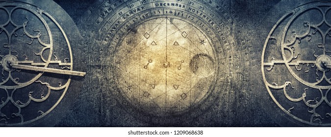 Ancient astronomical instruments on vintage paper background. Abstract old conceptual background on history, mysticism, astrology, science, etc. Retro style. - Shutterstock ID 1209068638