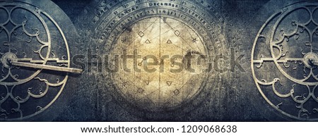 Ancient astronomical instruments on vintage paper background. Abstract old conceptual background on history, mysticism, astrology, science, etc. Retro style.