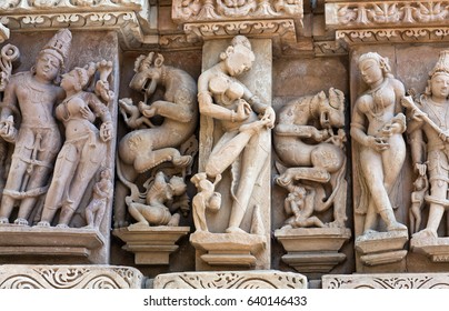 Ancient bas-relief at famous erotic temple in Khajuraho, India. Most Khajuraho temples were built between 950 and 1050 by the Chandela dynasty.