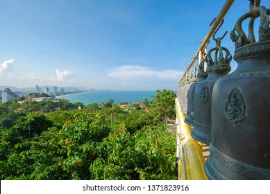 Ancient bell with Beautiful seascape view at Hua Hin view point, Khao Takiap temple, Prachuap Khiri Khan, Thailand. - Shutterstock ID 1371823916