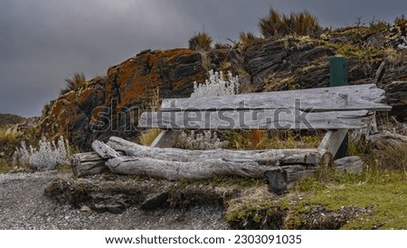 An ancient bench made of weathered logs against the background of rocks covered with orange lichen. Nearby is sparse stunted vegetation. Argentina. Ushuaia. Bridges Island.