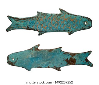 Ancient Bronze Coins In The Form Of Fish Zhou Dynasty. China. Isolated On White