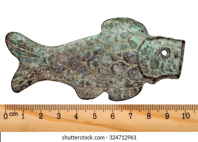 Ancient Bronze Coins In The Form Of Fish Zhou Dynasty. China. Isolated On White