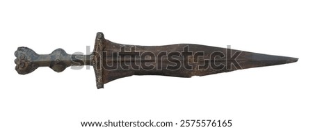 An ancient bronze dagger displayed on a white background showcasing historical craftsmanship