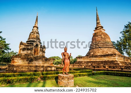 Ancient buddhist temple ruins in Sukhothai historical park,Thailand.