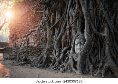 Ancient Budha statue's face in the tree roots in Ayuthaya khmer temple, Thailand. - Powered by Shutterstock